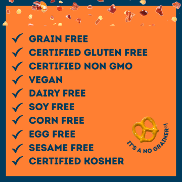 List of dietary certifications on an orange background with a no grainer logo.